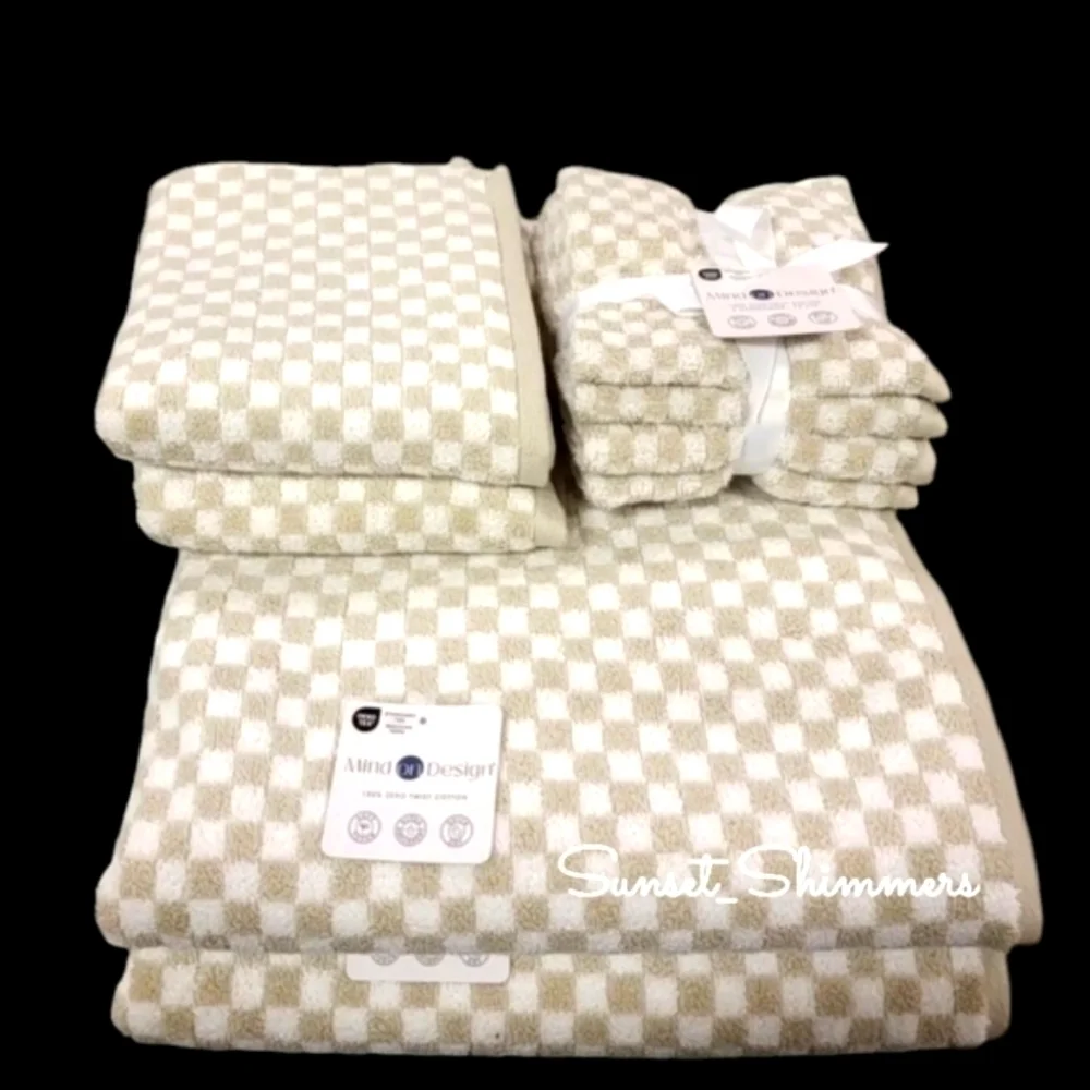 8pc Mind on Design Tan White Check Zero Twist Bath Hand Washcloth Towel Set NEW